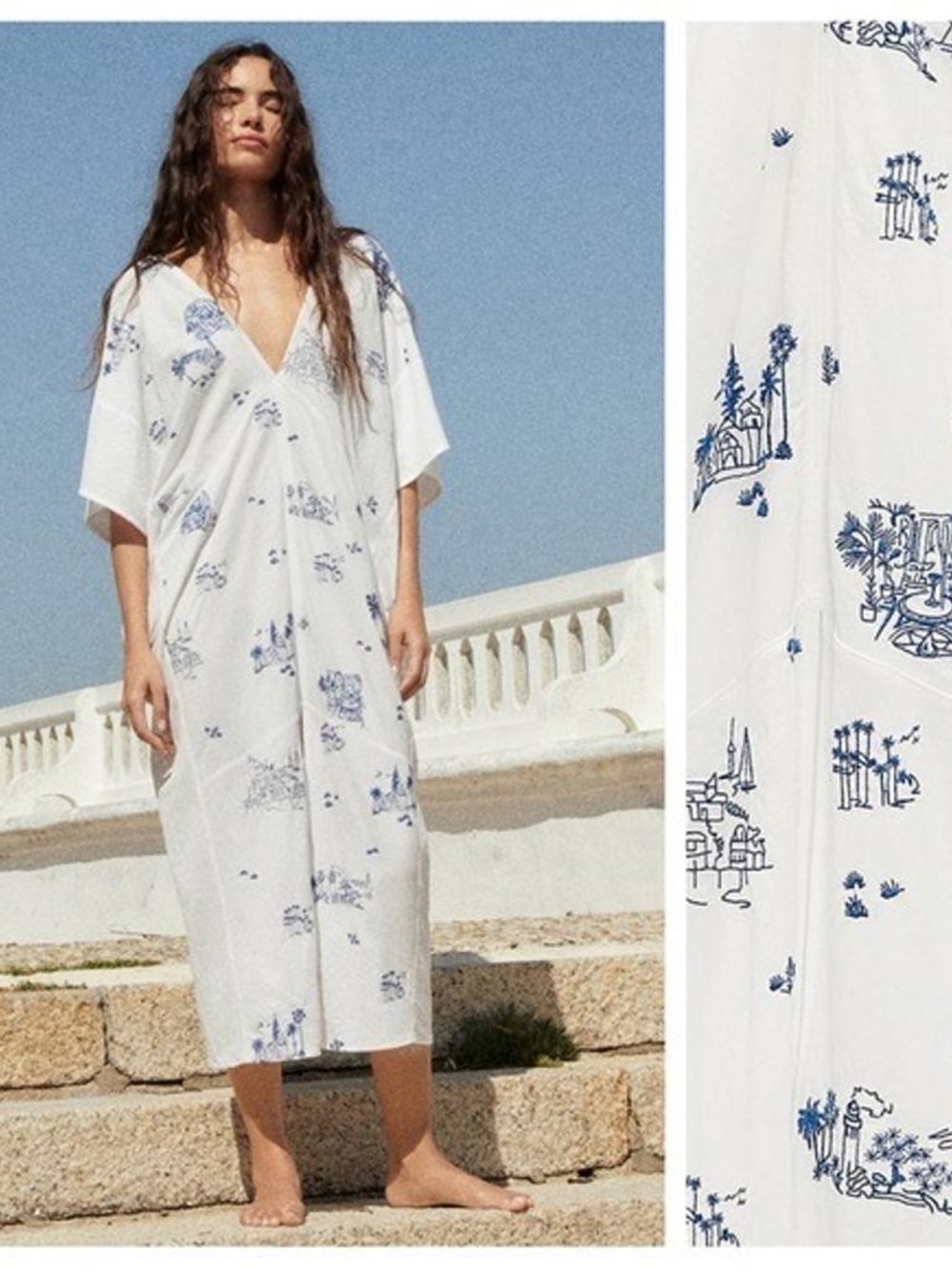 Zara White Dress with Blue Embroidered Motifs